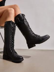 Women's Camel Faux Leather Pu Knee High Riding Combat Boots - Black - View 5