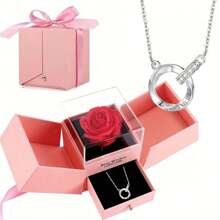 High End Pink Eternal Flower Gift Box, Circle Interlocking Pendant Necklace, Suitable For Valentine's Day, Mother's Day, Anniversaries, Birthdays. Give Your Love To Her, One Gift Is A Surprise