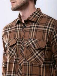 Men's Long Sleeve Plaid Flannel Shirt - 鏽棕色 - 查看 5