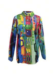 Camicia di moda da donna oversize con stampa geometrica di stile artistico