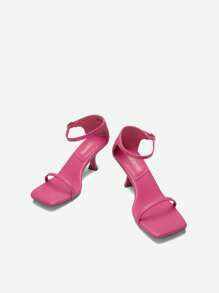 Women Kitten Heels Low Heeled Sandals Fashion Square Open Toe  Ankle Strap Party Prom Dress Shoes - Màu Hồng Tươi - Xem 7