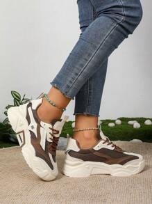 女士休闲运动鞋，网眼透气轻便系带拼色防滑耐磨，新款夏季女士休闲平底鞋，复古厚底运动鞋，百搭街头风格厚底休闲运动鞋，2025年春秋季新品 - 棕色 - 查看 7