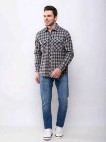 Men's Long Sleeve Plaid Flannel Shirt - Grey - View 4
