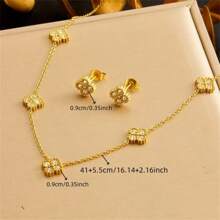 Stainless Steel Rhinestone Inlaid Golden Flower Necklace And Earrings Set, Jewelry Set For Women/Girls, New , No Fading - Four-petal Flower Necklace + Earrings - View 4