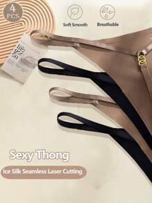 4PCS Women's Seamless G-String Set Sexy Panties For Women Low Waist G-String Solid Color Briefs - Multicolor - View 3