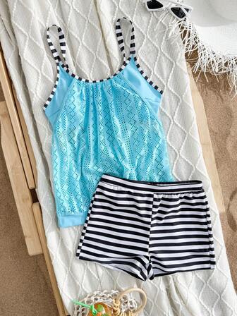 New Stripe Lace Patchwork Tankini Swimwear For Women