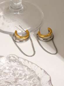 Uworld 1pc Women's Streamlined Symmetrical Gold And Silver Color Blocked C-Shaped Tassel Line Earrings 18K Gold Stainless Steel Earrings Suitable For Daily Communicating Decoration Party And Travel