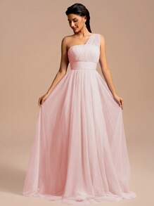 Elegant Maxi Asymmetric Shoulder Net Tulle Bridesmaid Dress, Formal Party Wedding Gown - Pink - View 5