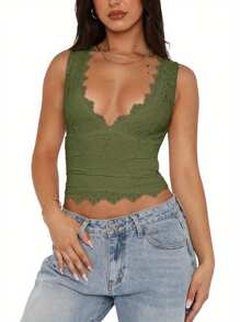 Women Tank Tops Lace Deep V-Neck Casual Vests Summer Fashion Sleeveless Tops Streetwear - 墨綠色 - 查看 3