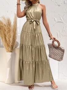 Women's Gold Halter Neck Cold Shoulder Fitted Dress, Summer - Gold - View 8