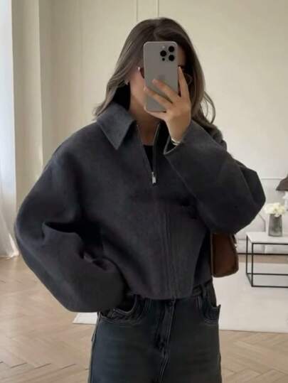 HH 女装秋季时尚复古翻领长袖夹克带口袋女休闲百搭长袖外套