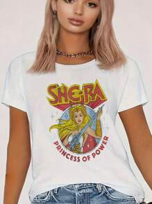 T-shirt décontracté ample à col rond et manches courtes pour femmes, avec imprimé personnage de dessin animé de couleur unie