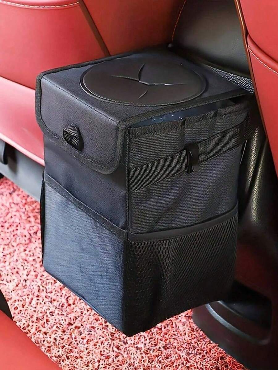 1 pieza Papelera plegable portátil con tapa - Papelera colgante para coche con bolsa de almacenamiento - Papelera y caja de almacenamiento para coche, Papelera de coche mini impermeable con tapa y bolsa de almacenamiento, Accesorio colgante para bolsa de basura de coche - Negro - Ver 1