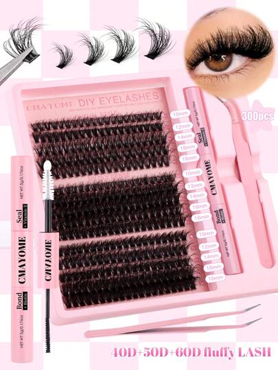 240 件/300 件 DIY 假睫毛和胶水镊子套装粉色系列假睫毛：C 形卷曲假睫毛，8-16 毫米 - 低灵敏度、易于使用且适合旅行的设计、万圣节礼物、圣诞节礼物。