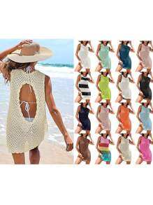 Womens Swimsuit Cover Up Sleeveless Knit 2025 Summer Outfits Swimwear Bathing Suit Coverup Crochet Backless Hollow-Out  Beach Dress - Màu xanh nhạt - Xem 7