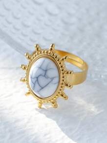 1pc Stainless Steel Ring With Unique Textured White, Black, Blue Natural Stone, Suitable For Women Everyday, Party, Halloween, Valentine's Day, Thanksgiving Gift