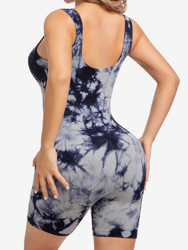 1pc Women Tie-Dye Seamless Yoga Jumpsuit, Backless Sleeveless Activewear With Removable Padded Bra