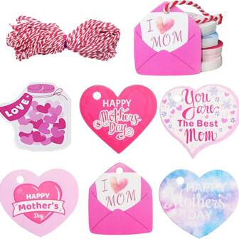 Happy Mother's Day Gift Tags, 60Pcs Heart Mother's Day Hanging Paper Tags With String Best Mom Labels For Gift Wrapping Supplies