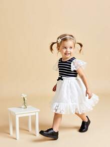 MommBaby Young Girls 2 Pieces Set: Round Neck Lace Spliced Striped T-Shirt + Mesh Lace Skirt, Butterfly Decor, Casual Outdoor Wear For Children, Summer Party