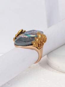 1pc Vintage Alloy Abalone Shell, Leopard, Oval Leaf Design Exaggerated Personalized Metal Ring For Women, Everyday Wear