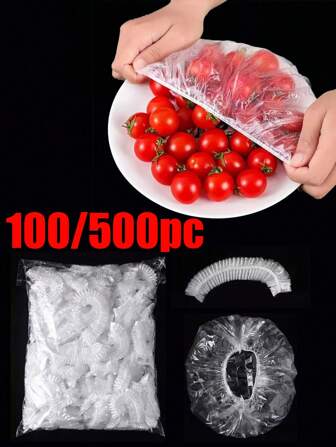 100/500 件一次性食品保鲜膜罩、食品服务罩、塑料袋、浴帽、加厚厨房保鲜膜、弹力冰箱食品罩，也适用于沙龙和餐厅