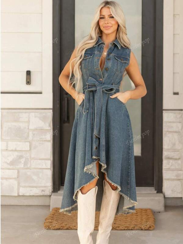 Vacation Fashion Retro Waist Cinched Asymmetric Hem Front Button Sleeveless Denim Dress