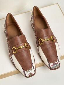 Premium Colorblock Square Toe Women Loafers Shoes With Metal Buckle, Versatile Classic Slip-On Casual Fashion Shoes