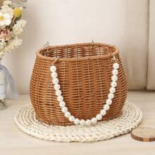 Imitation Rattan Basket Flower Basket Faux Pearl Handle Stylish Appearance Versatile Picnic Basket For Lotions Toiletries - Multicolor - View 11