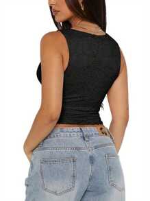 Women Tank Tops Lace Deep V-Neck Casual Vests Summer Fashion Sleeveless Tops Streetwear - Black - View 3