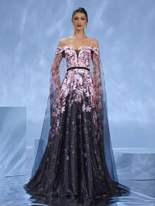 DELLA COUTURE 梦幻粉色碎花紧身修身晚礼服，飘逸薄纱设计，彰显高贵气质，腰部珠饰，优雅浪漫，拖地长裙，适合派对、晚宴、婚礼等正式场合，女士夏装 - 粉色 - 查看 2