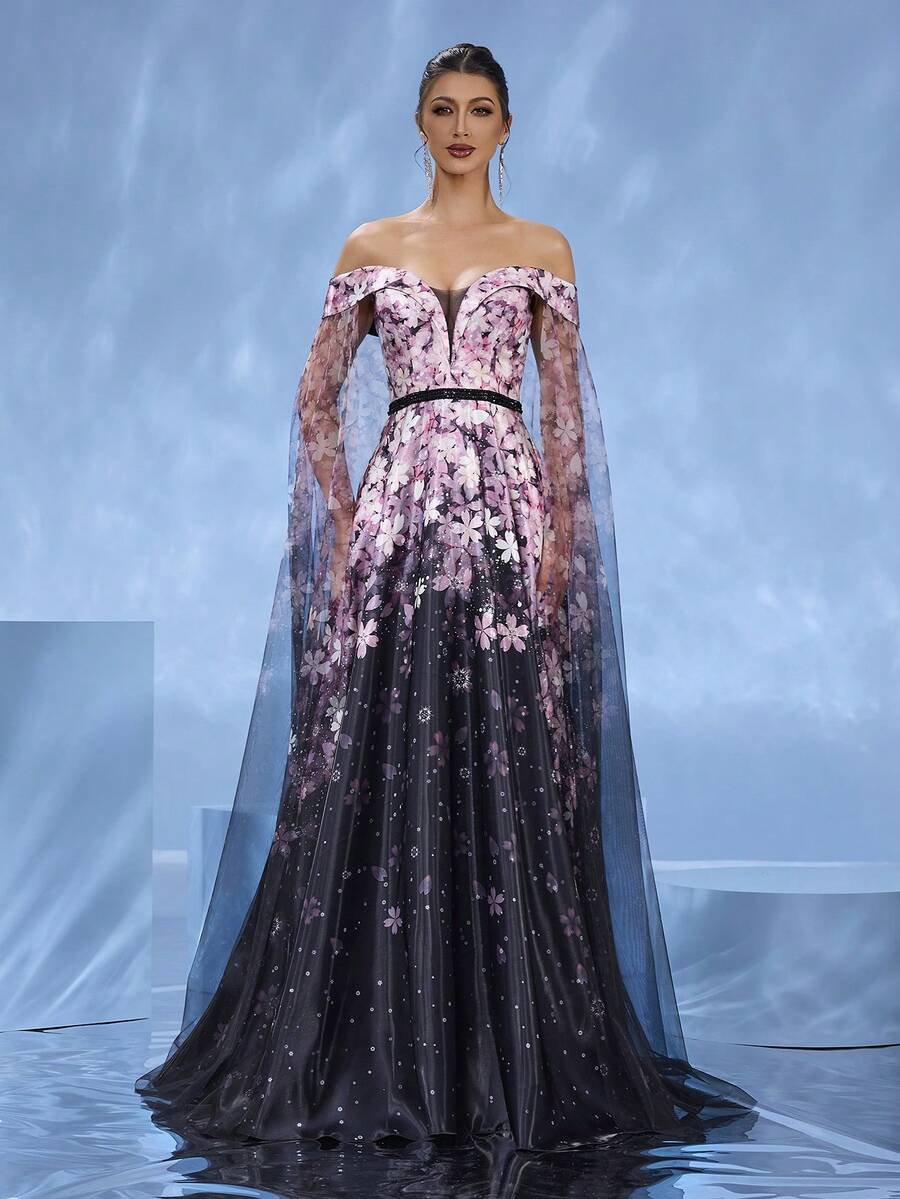 DELLA COUTURE 梦幻粉色碎花紧身修身晚礼服，飘逸薄纱设计，彰显高贵气质，腰部珠饰，优雅浪漫，拖地长裙，适合派对、晚宴、婚礼等正式场合，女士夏装