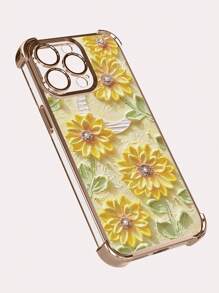 1pc Sunflower Moon Electroplated Four-Corner Anti-Drop TPU Phone Case Compatible With IPhone 16, 15 Pro Max, 14 Pro Max / Galaxy, / Honor X6A, X7B, X8B - Gold - View 3