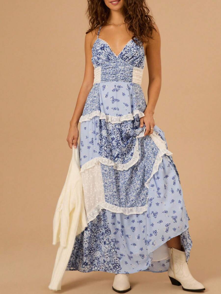 Summer Dresses For Women Boho Y2K Floral Maxi Dress Cute Lace Patchwork Ruffle Flowy Long Dress Sexy Spaghetti Strap Deep V Neck Backless Dresses Low Cut Beach Vacation Sundress - Màu xanh lam - Xem 1