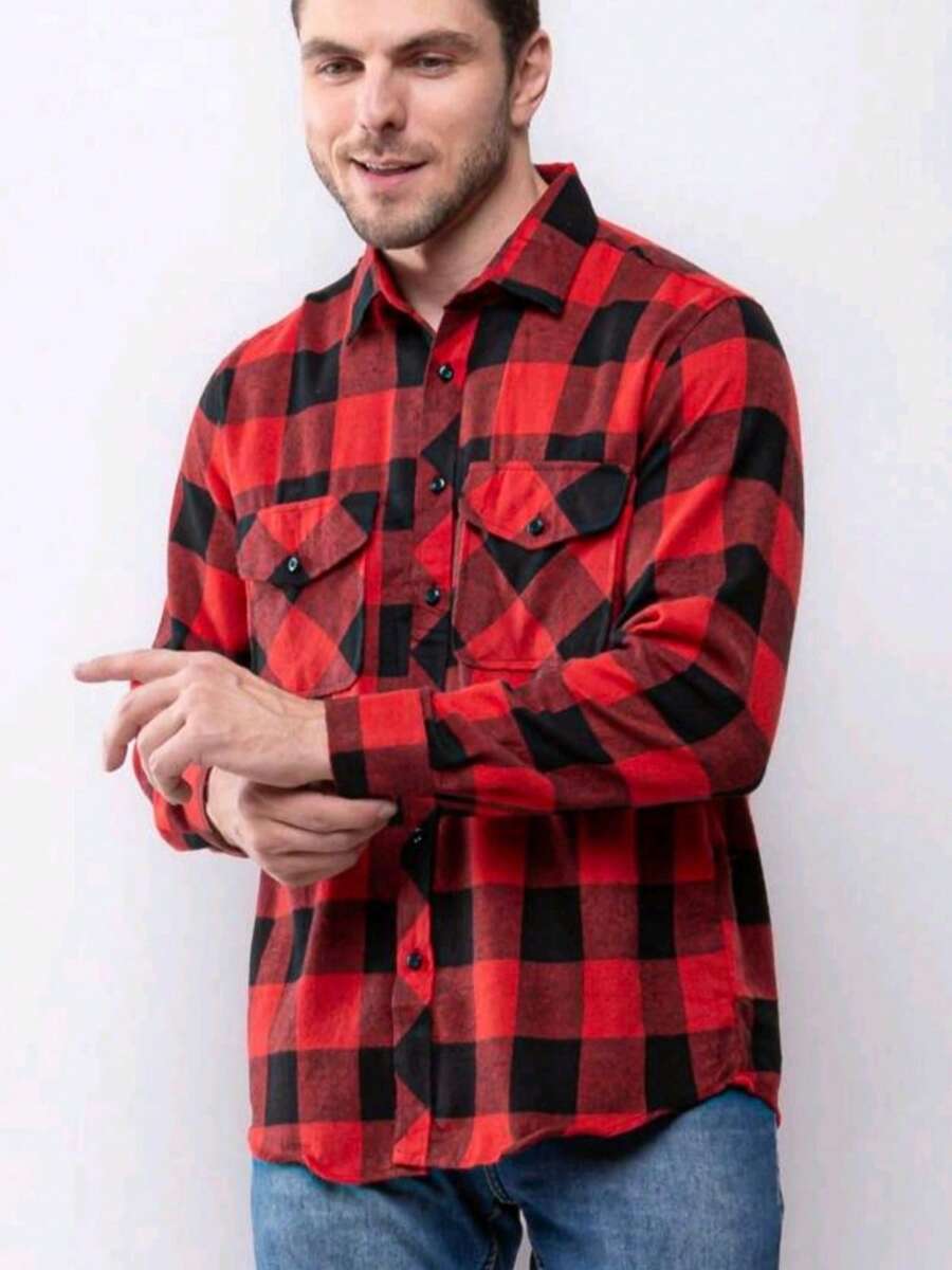 Men's Long Sleeve Plaid Flannel Shirt - 紅色 - 查看 1