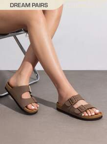 Women Summer Cork Footbed Slide Sandals Open Toe Adjustable Flat Sandals Slippers Slip On Comfortable Vacation Outdoor Walking EVA Outsole Shoes - Brown - View 1