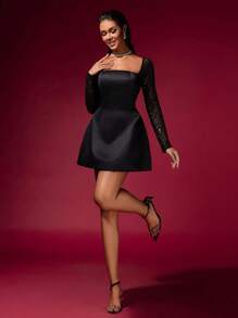 Solid Color Square Neck A-Line Dress With Sequin Patchwork Long Sleeve, Party Gown - Black - View 2