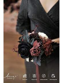 Ling's Moment Artificial Flowers Pink Bridesmaid Bouquet, Dusty Wedding Flowers Bouquets Bridesmaids, Inch Bridal Bouquets Bridesmaids, Wedding, Ceremony, Anniversary, Etc - Đỏ tía đỏ và đen - Xem 2