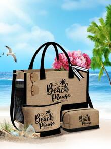 女士沙滩主题手提包套装，饰有艺术感十足的“沙滩沙滩”字样和棕榈树印花，包含1个大容量手提包和2个化妆包。 - 卡其色 - 查看 7