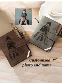 1pc Customized Leather Men's Wallet, Personalized Photo, Father's Day Gift, Gift For Dad, Dad's Birthday Gift, Gift From Daughter And Son To Dad, Suitable For Birthday, Christmas, Thanksgiving, Holiday Gift Box/Men's Birthday Gift - Dark Wash - View 1