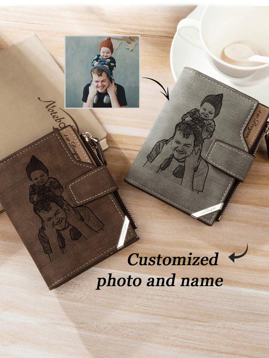 1pc Customized Leather Men's Wallet, Personalized Photo, Father's Day Gift, Gift For Dad, Dad's Birthday Gift, Gift From Daughter And Son To Dad, Suitable For Birthday, Christmas, Thanksgiving, Holiday Gift Box/Men's Birthday Gift - Dark Wash - View 1