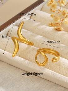 2pcs/Set Stainless Steel Minimalist Hollow Oval Line Rings Set, Suitable For Women Casual Wear - Multicolor - View 2