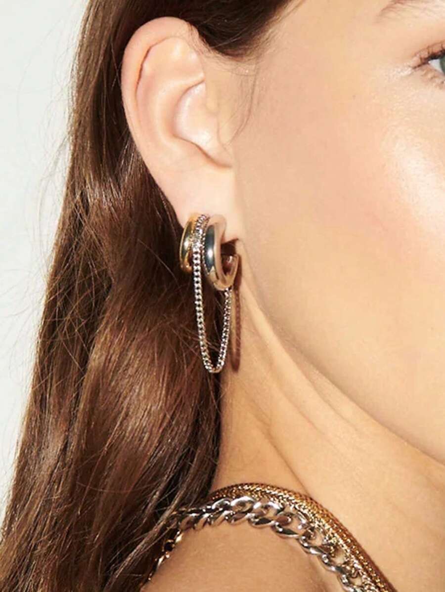 Uworld 1pc Women's Streamlined Symmetrical Gold And Silver Color Blocked C-Shaped Tassel Line Earrings 18K Gold Stainless Steel Earrings Suitable For Daily Communicating Decoration Party And Travel