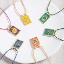 2025 Gold Plated Copper Heart Pattern Evil Eye Tarot Card Pendant Colorful Rope Chain Necklace Women Bohemia Jewelry