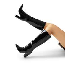 Women's Knee-High Boots, Comfortable Chunky Block Heel Pointed Toe Pull On Side Zipper Suede Slouch Riding Boots - Black - View 6