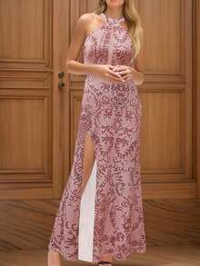 Vestido de fiesta con abertura alta, inserto de malla y estampado para mujer, para eventos formales, vestido de boda, novia