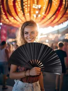 Packed Bamboo Large Folding Hand Fan, Premium Fabric Folding Hand Fan Carnival Fan, With Thickened Bamboo Frame For Cooling Decoration, Ladies, Men, Girls, Boys Gift, Black