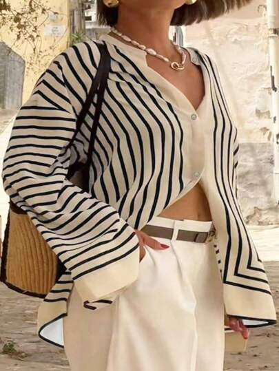 Plus Size Women Geometric Striped Casual Elegant Simple Long Sleeve Shirt, Suitable For Gatherings, Outings, Commuting, Airport Outfits, All Seasons