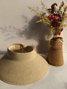 Straw Hat With Hollow Top For Women, British Style Straw Hat, 2025 New Style, Topless Sun Hat, Ladies Bow Sun Hat, Seaside Holiday Sun Hat, Summer Hat - Khaki - View 4