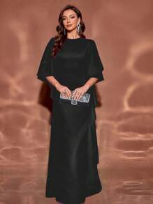 长款纯色圆领荷叶边袖修身及地优雅连衣裙，正式，派对礼服，晚礼服，适合晚会，婚礼宾客