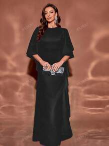 Vestido largo de unicolor con cuello redondo, mangas con volantes, ajustado y hasta el suelo, elegante, vestido formal, de fiesta, vestido de noche, para invitados de boda